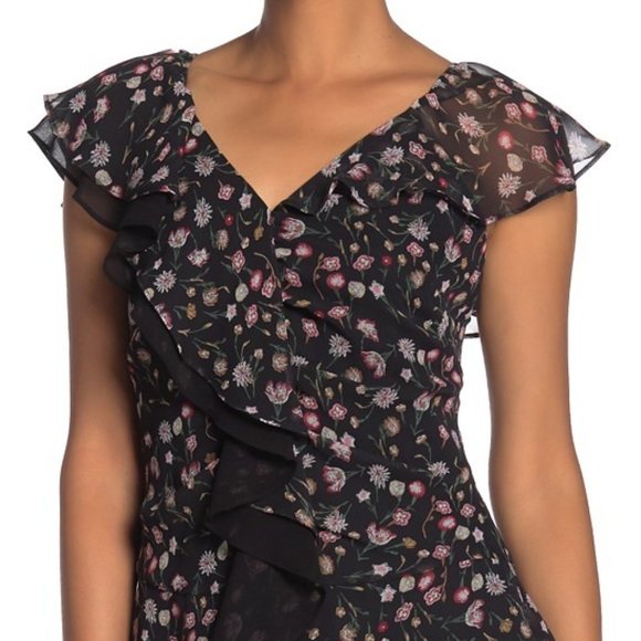 Sam Edelman Black Floral V-Neck Ruffled Midi Dress Size 4 - Picture 2 of 16